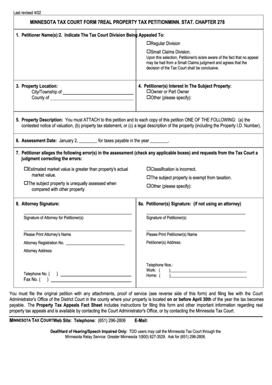 Minnesota Tax Court Form 7 - Real Property Tax Petition Printable pdf