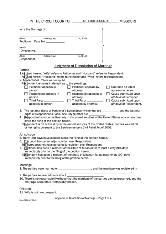 Fillable Form Ccfc187-02/11 - Judgment Of Dissolution Of Marriage - St Louis County, Missouri Printable pdf