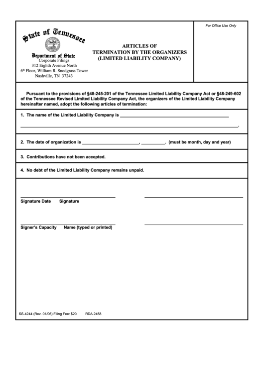 Form Ss-4244 - Articles Of Termination By The Organizers (Limited Liability Company) - Tennessee Department Of State Printable pdf
