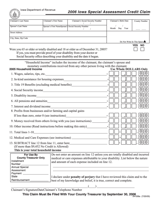 Fillable Form 54-036a - Iowa Special Assessment Credit Claim - 2006 Printable pdf