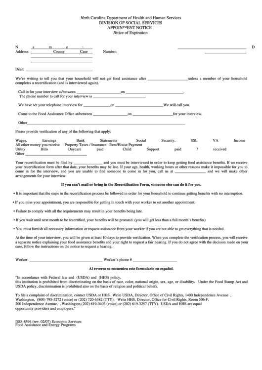 Fillable Form Dss-8594 - Notice Of Expiration - North Carolina Department Of Health And Human Services Printable pdf