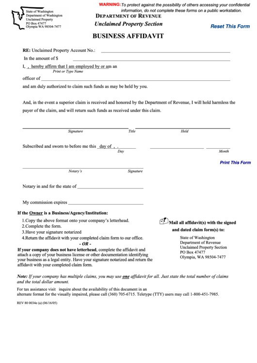 Fillable Form Rev 80 0034e (A) - Business Affidavit - Department Of Revenue Unclaimed Property Section Printable pdf