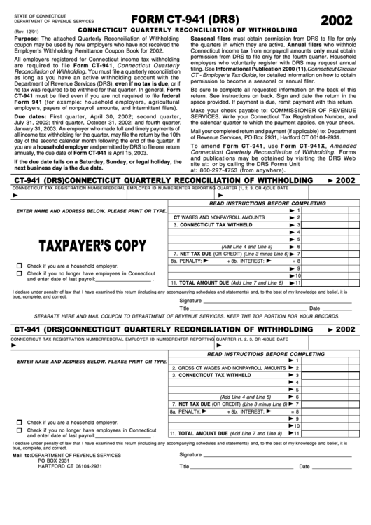 Form Ct-941 (Drs) - Quarterly Reconciliation Of Withholding - 2002 Printable pdf