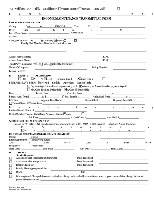 Fillable Form Dss-8194 - Income Maintenance Transmittal Form Printable pdf