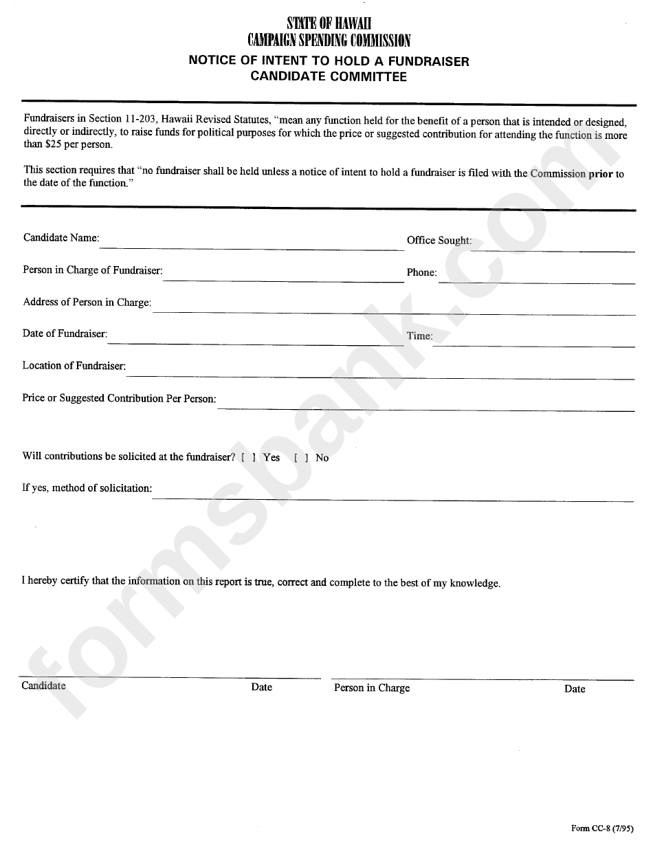 Form Cc-8 - Notice Of Intent To Hold A Fundraiser Candidate Committee Form - State Of Hawaii - Compagn Spending Commission