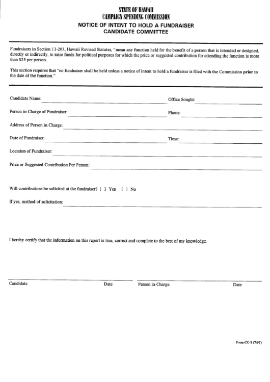Form Cc-8 - Notice Of Intent To Hold A Fundraiser Candidate Committee Form - State Of Hawaii - Compagn Spending Commission Printable pdf