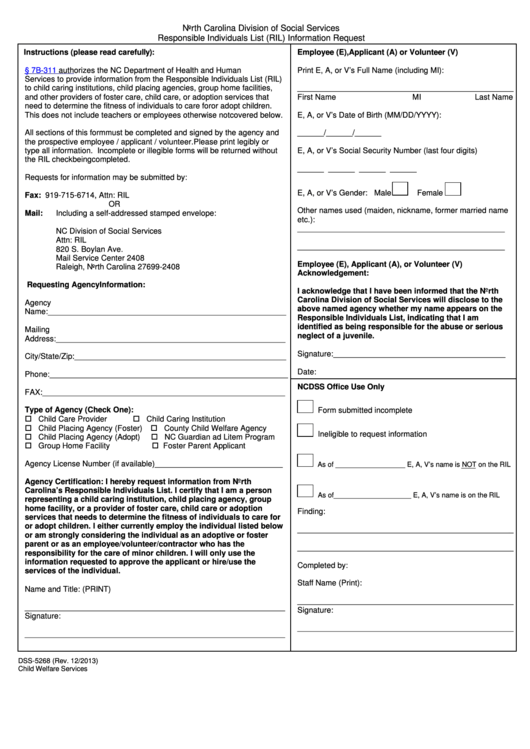 Fillable Form Dss-5268 - Responsible Individuals List (Ril) Information Request - North Carolina Division Of Social Services Printable pdf