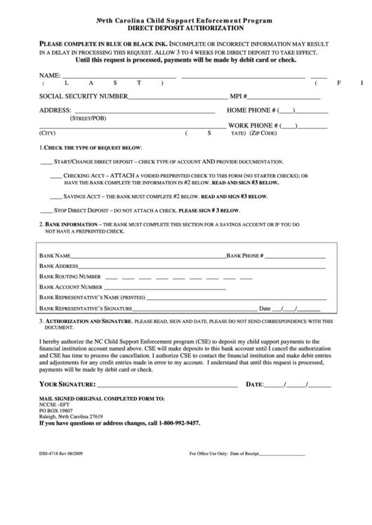 Fillable Form Dss-4718 - Direct Deposit Authorization Printable pdf