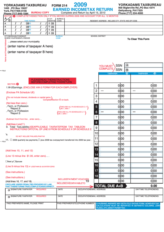 Fillable Form 214 - Earned Income Tax Return - 2009 Printable pdf