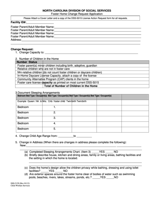 Fillable Form Dss-5159 - Foster Home Change Request Application - North Carolina Division Of Social Services Printable pdf