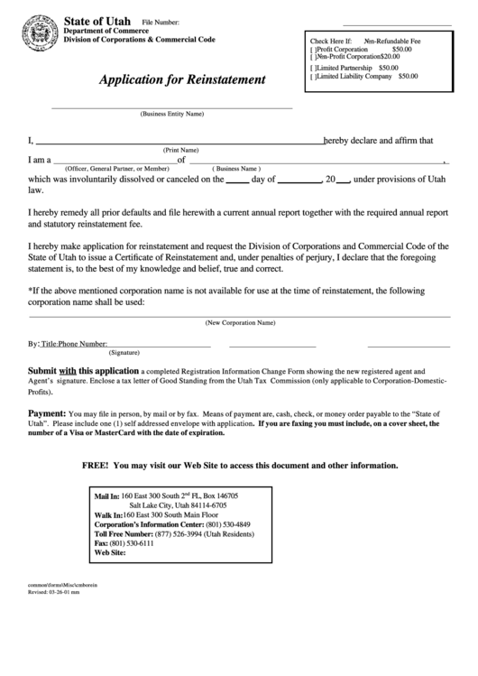 Application For Reinstatement Form - Department Of Commerce Division Of Corporations & Commercial Code - State Of Utah Printable pdf