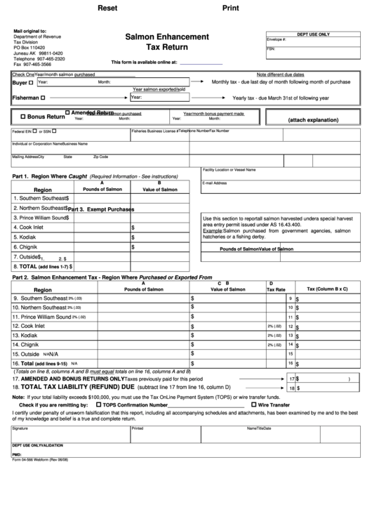 Fillable Form 04-566 - Salmon Enhancement Tax Return - Alaska Departament Of Revenue Printable pdf