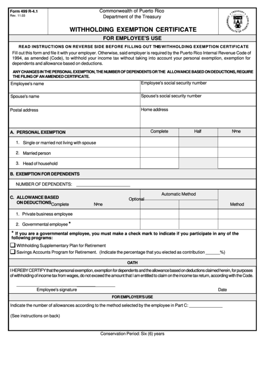 Form 499 R-4.1 - Withholding Exemption Certificate Form - Commonwealth Of Puerto Rico Department Of The Treasury Printable pdf