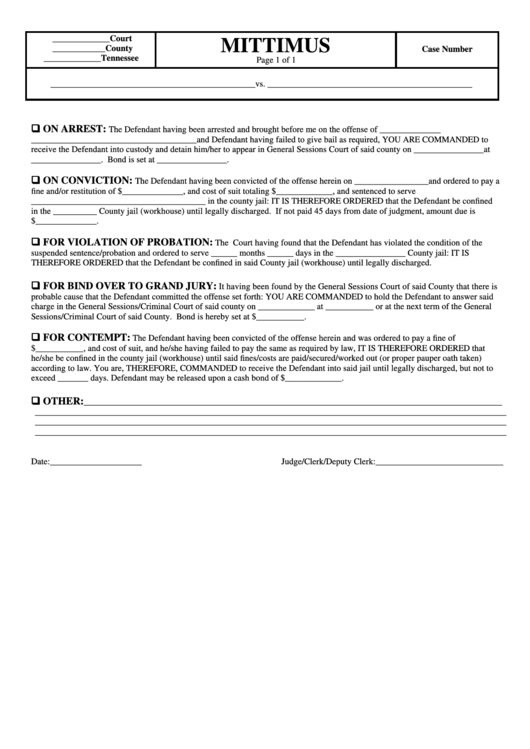Mittimus Form - Tennessee Printable pdf