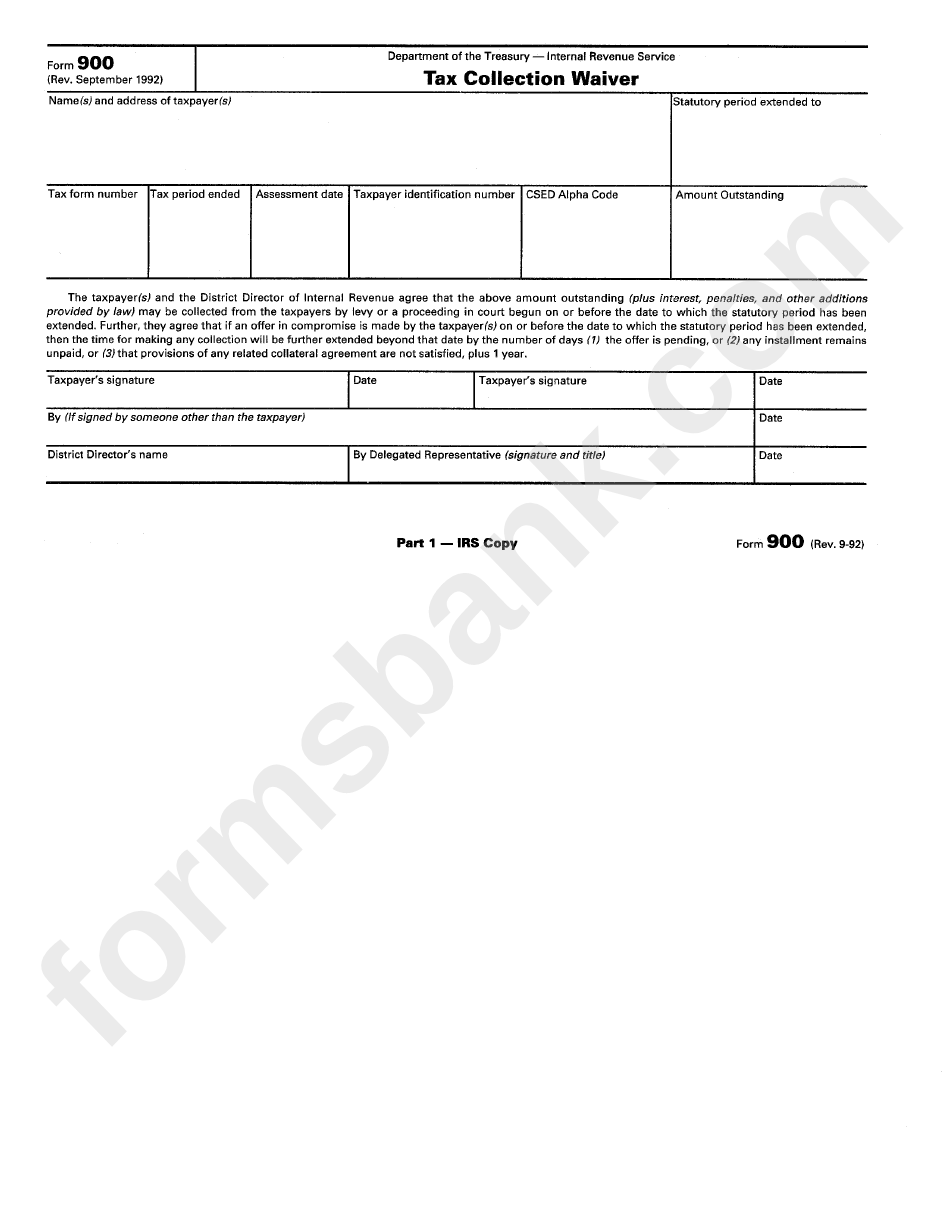 Tax Collection Waiver Form - Department Of Treasury - Internal Revenue Service