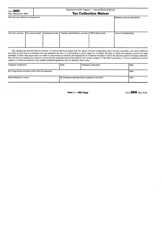 Tax Collection Waiver Form - Department Of Treasury - Internal Revenue Service Printable pdf