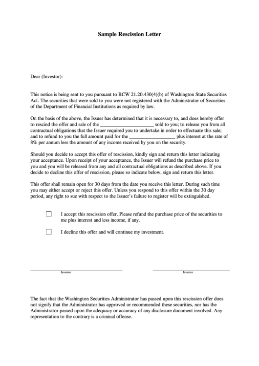 Sample Rescission Letter Template Printable pdf