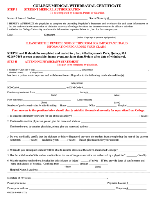 Fillable College Medical Withdrawal Certificate Form Printable pdf