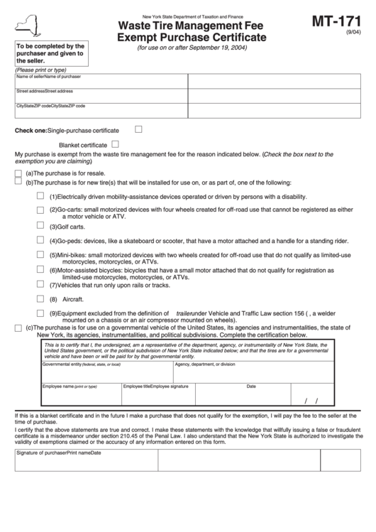 Waste Tire Management Fee Exempt Purchase Certificate Form - 2004 Printable pdf