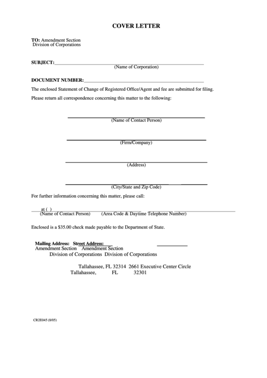 Fillable Statement Of Change Of Registered Office/agent Cover Letter Template Printable pdf