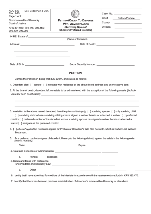 Fillable Form Aoc-830 - 2015 Petition/order To Dispense With Administration Form Printable pdf