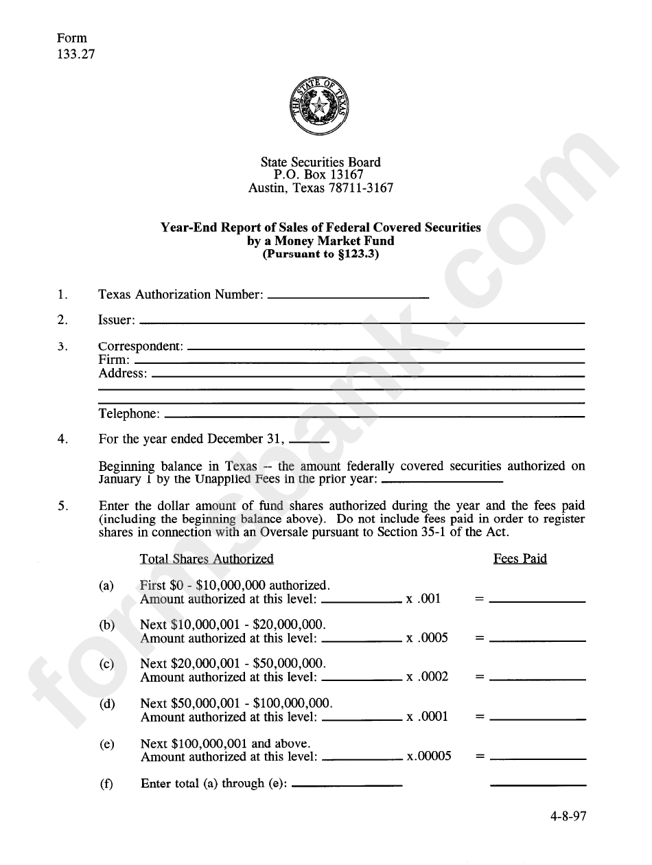 Form 133.27 - Year-End Report Of Sales Of Federal Covered Securities By A Money Market Fund