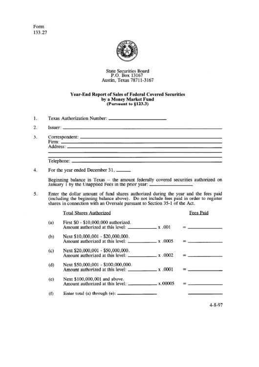 Form 133.27 - Year-End Report Of Sales Of Federal Covered Securities By A Money Market Fund Printable pdf