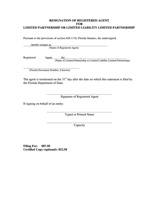 Fillable Resignation Of Registered Agent For Limited Partnership Or Limited Liability Limited Partnership Form Printable pdf