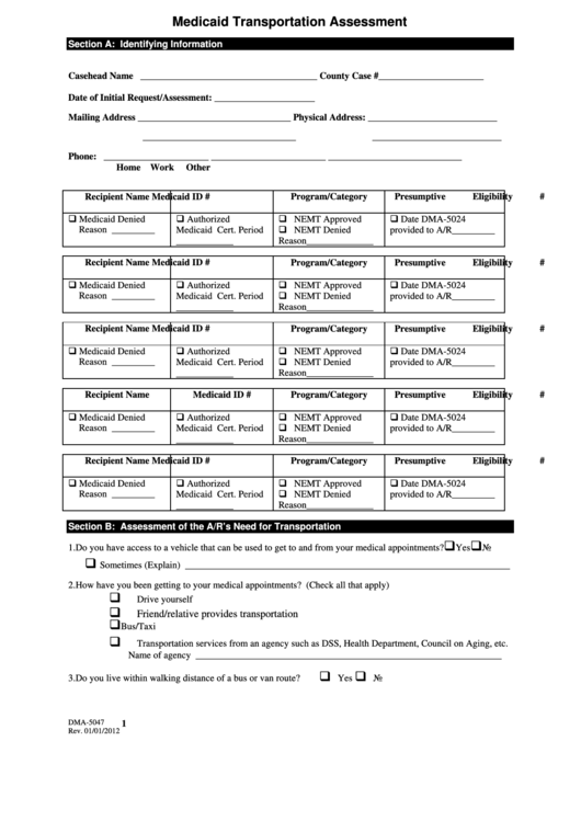 Fillable Form Dma-5047 - Medicaid Transportation Assessment Printable pdf