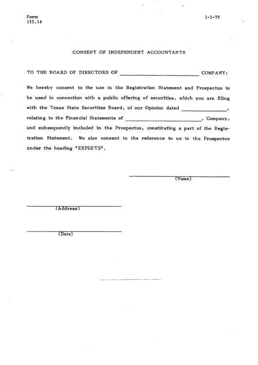 Form 133.14 - Consent Of Independent Accountants - 1979 Printable pdf