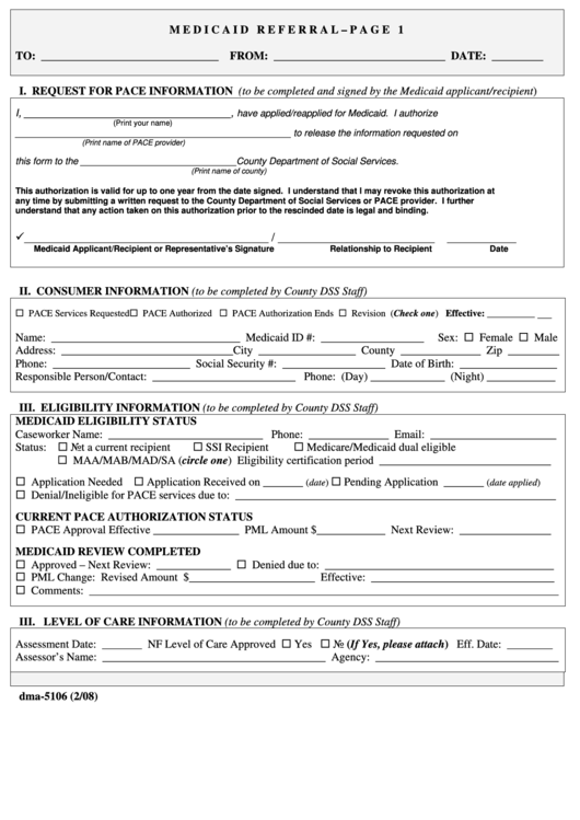 Form Dma-5106 - Medicaid Referral Printable pdf