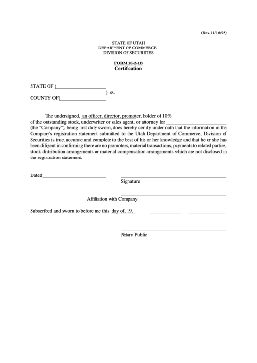 Form 10-2-1b - Certification Form - Department Of Commerce Division Of Securities - State Of Utah Printable pdf