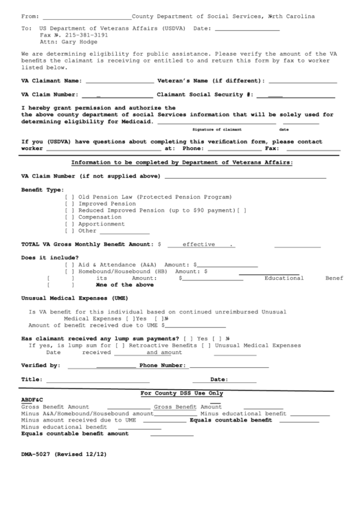Form Dma-5027 - North Carolina Department Of Social Services Printable pdf