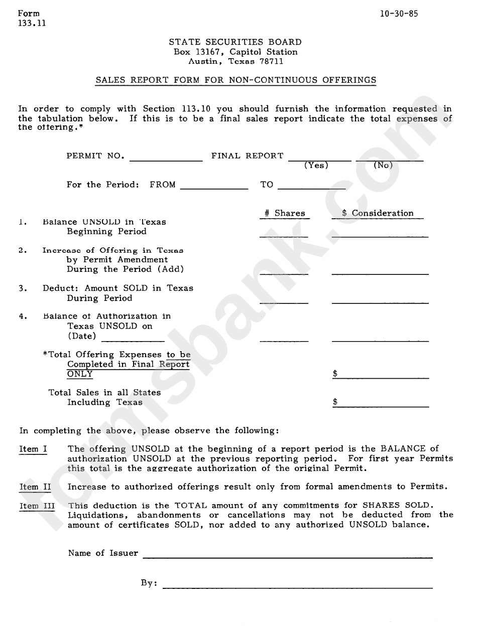 Form 133.11 - Sales Report Form For Non-Continuous Offerings - 1985