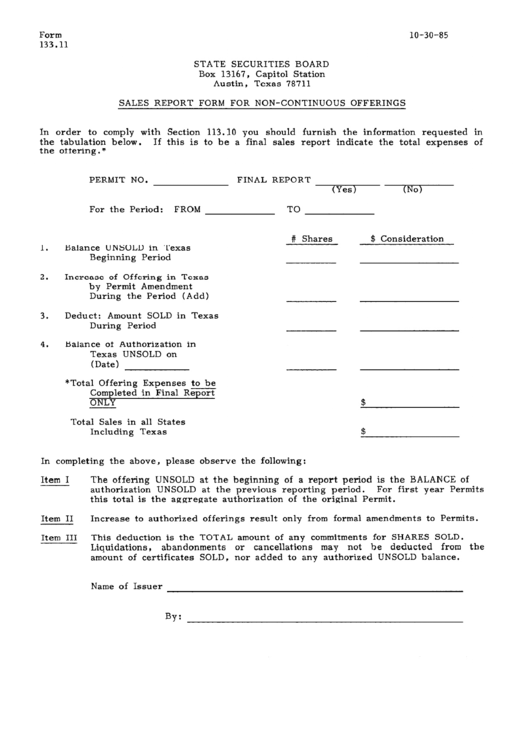 Form 133.11 - Sales Report Form For Non-Continuous Offerings - 1985 Printable pdf