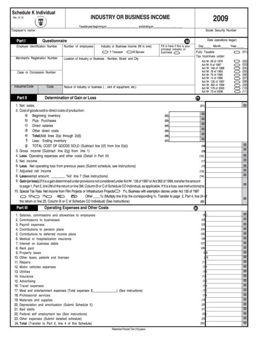 Schedule K Individual - Industry Or Business Income - 2009 Printable pdf