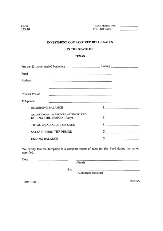 Form 133-10 - Investment Company Report Of Sales - 1995 Printable pdf