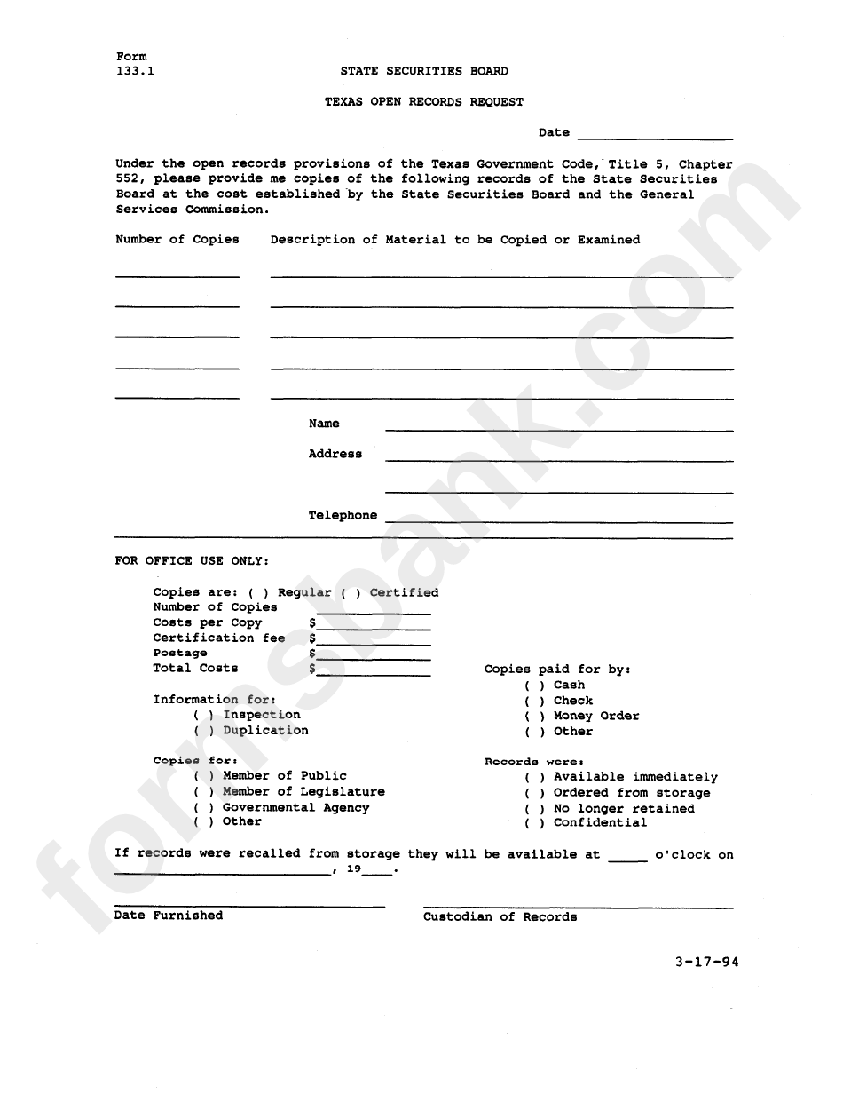 Form 133.1 - Texas Open Records Request - 1995