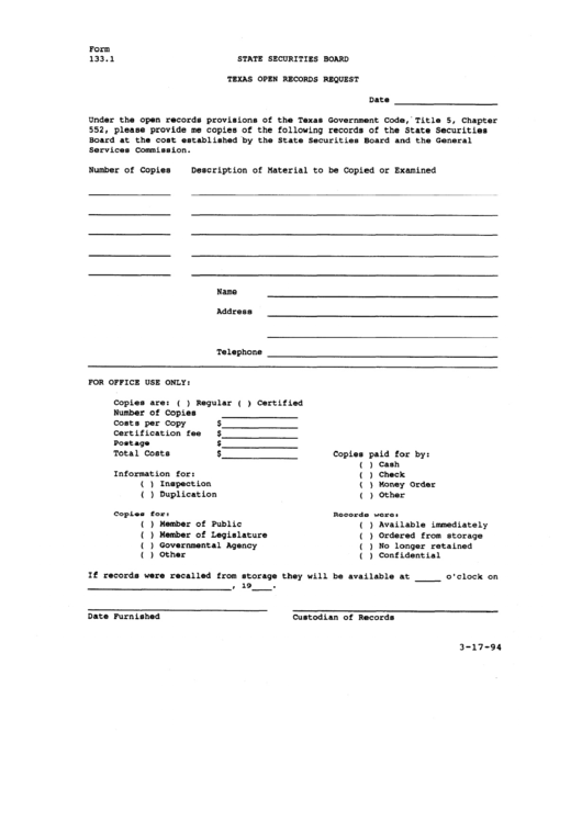 Form 133.1 - Texas Open Records Request - 1995 Printable pdf