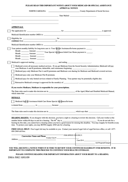 Fillable Form Dma-5002 - Approval Notice - North Carolina Department Of Social Services Printable pdf