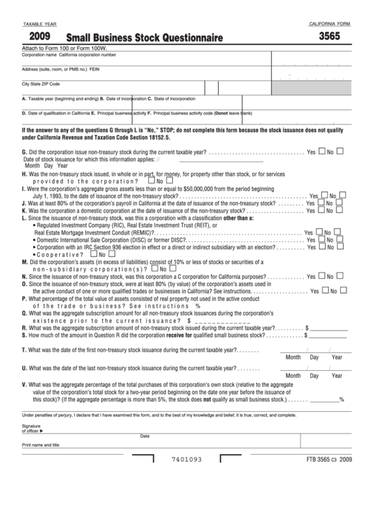 Fillable California Form 3565 - Small Business Stock Questionnaire - 2009 Printable pdf