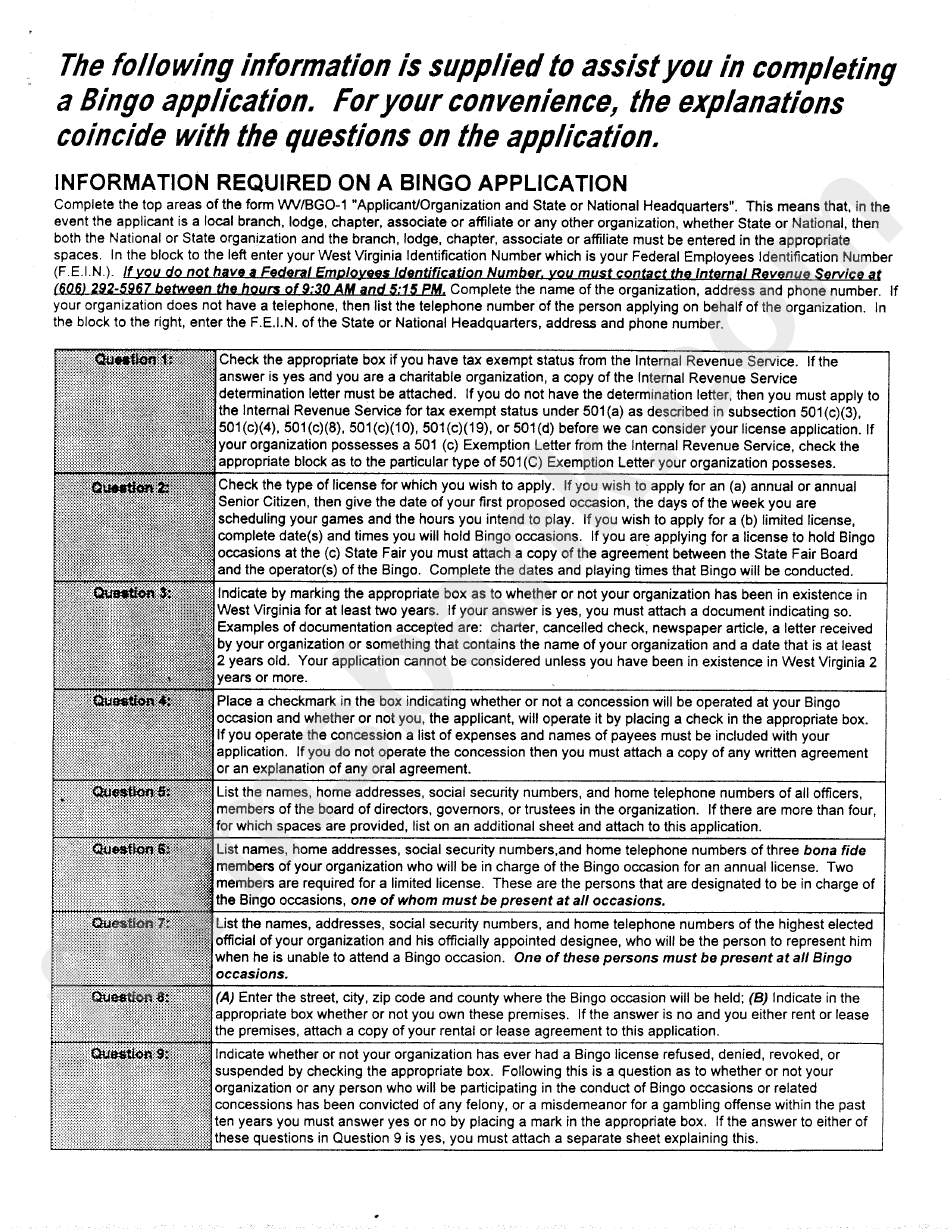 Bingo Application Forn Information Sheet - West Virgonia Department Or Tax And Revenue - Criminal Investigation Dovision - Bingo And Raffle Division