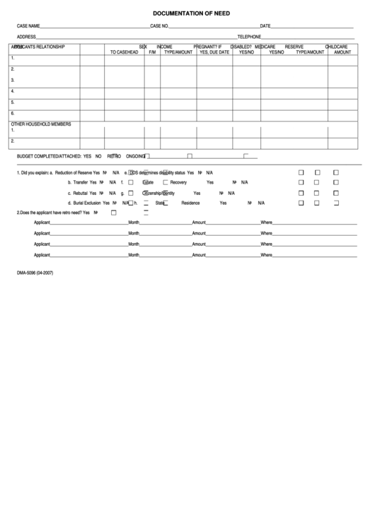 Fillable Form Dma-5096 - Documentation Of Need Printable pdf