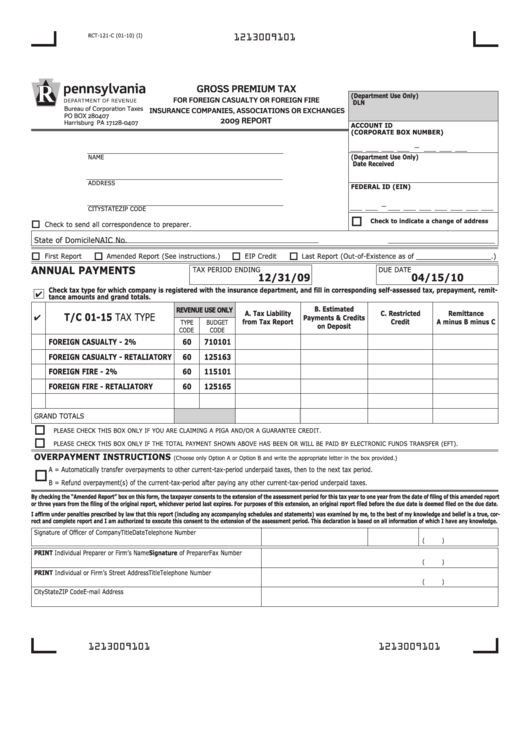Form Rct-121-C - Gross Premium Tax - Pennsylvania Department Of Revenue - 2009 Printable pdf