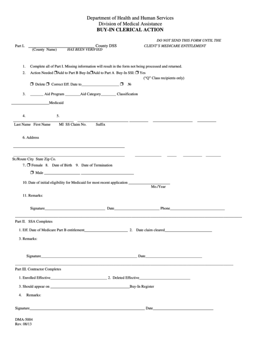 Form Dma-5004 - Buy-In Clerical Action - North Carolina Department Of Health And Human Services Printable pdf