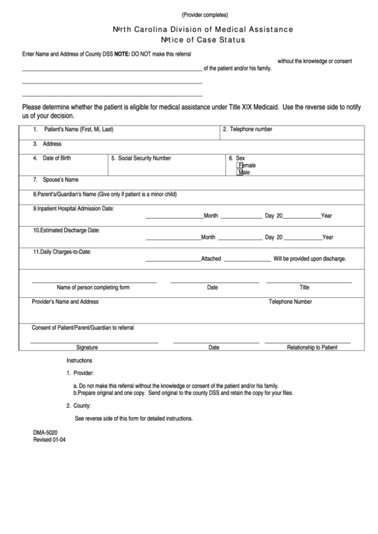Fillable Form Dma-5020 - North Carolina Division Of Medical Assistance Notice Of Case Status Printable pdf
