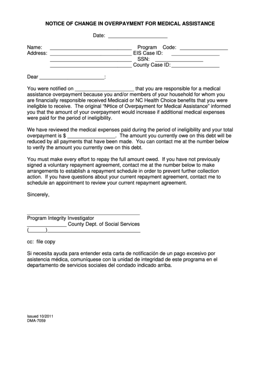 Form Dma-7059 - Notice Of Change In Overpayment For Medical Assistance Printable pdf