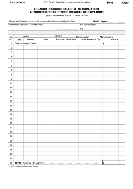 Fillable 2004 Tt-115 - Tobacco Products Sales To / Returns From Authorized Retail Stores On Indian Reservations Form - State Of Wisconsin Printable pdf