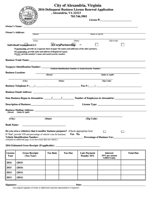 Delinquent Business License Renewal Application Form - Virginia - 2016 Printable pdf