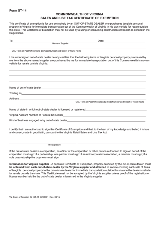 Fillable Form St-14 - Sales And Use Tax Certificate Of Exemption - Commonwealth Of Virginia Printable pdf